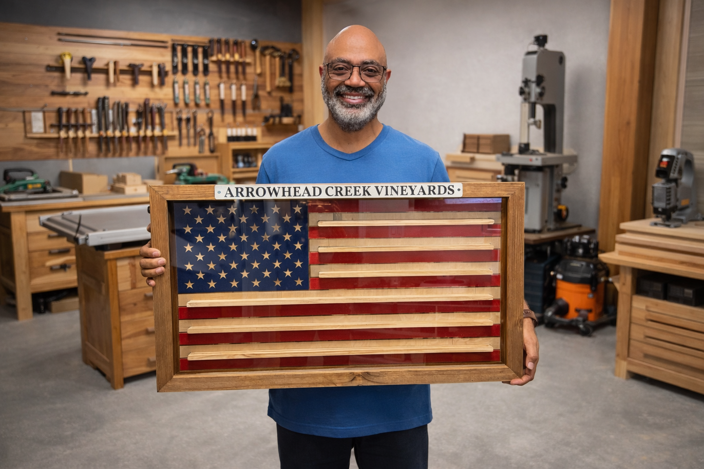 Handcrafted American Flag Challenge Coin Display Case (enclosed)