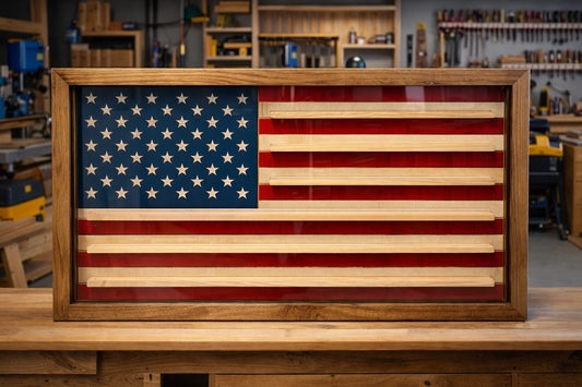 Handcrafted American Flag Challenge Coin Display Case (enclosed)